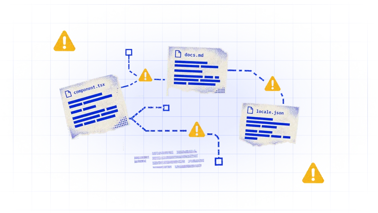 Scattered component, documentation, and locale files connected by fragmented workflows and warning markers.